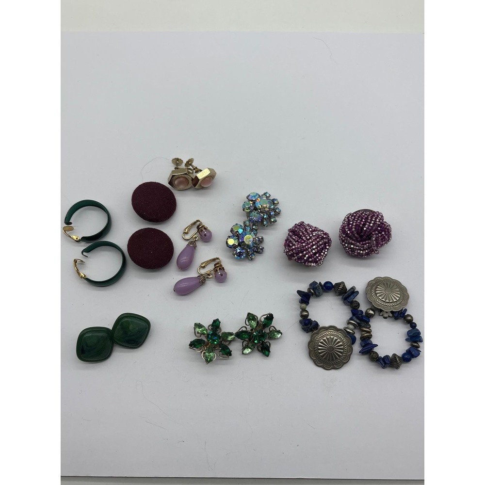 Vintage Earrings Lot 10 Pairs Clip On Screw Back Rhinestone Green Purple Blue